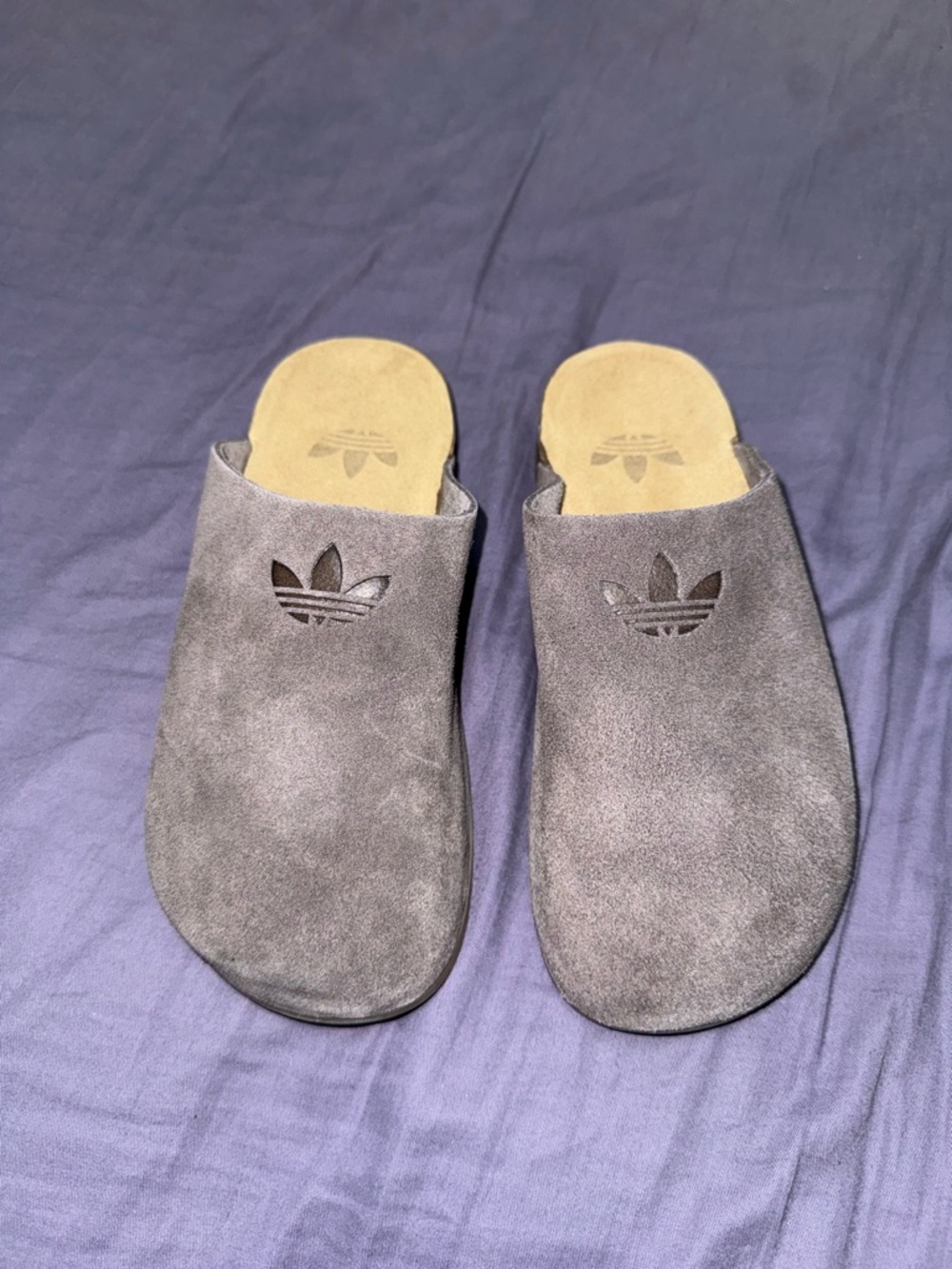 adidas Gray Suede Slip-On Mules with Trefoil Cutout